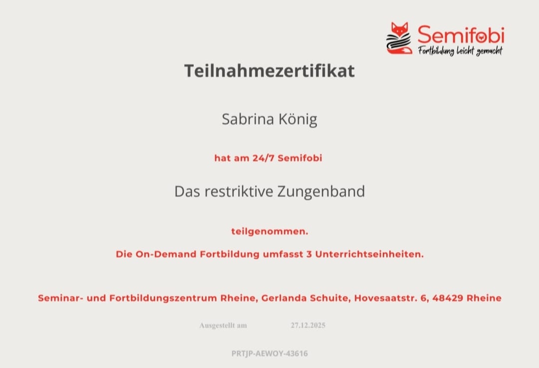 Zertifikat / Ausbildungsnachweis Das restriktive Zungenband